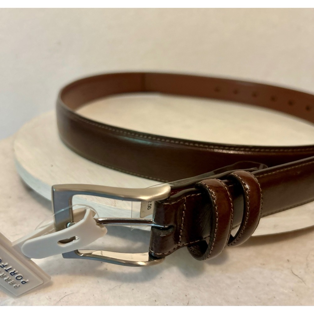 Perry Ellis Portfolio Mens Brown Leather Dress Belt Mahogany Silver Buckle 50